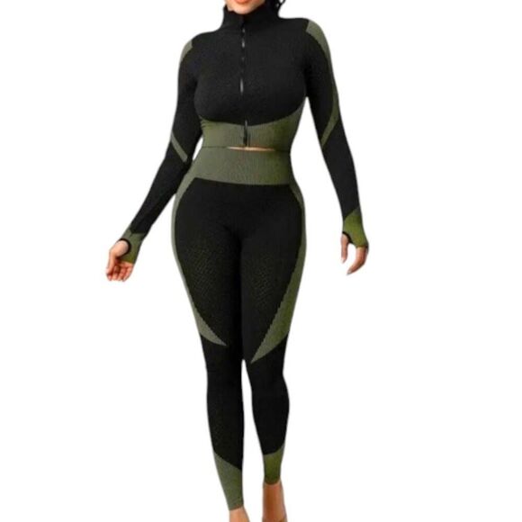 2pc Fitness Yoga Outfit Green and Black Sz Large - Picture 1 of 6